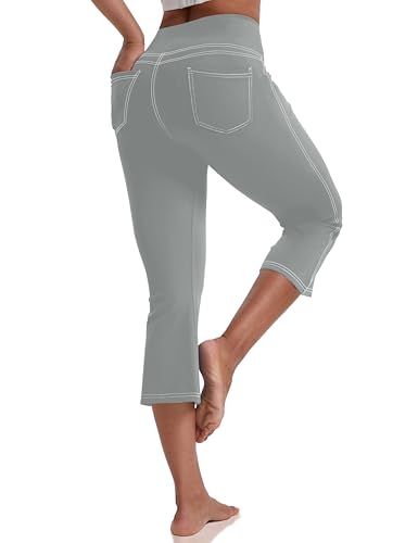 Image of VOOVEEYA Women's Capri Leggings, Yoga Capris Pants with Pockets Stretchy Crop Pants High Waisted Straight Leg 21 inch