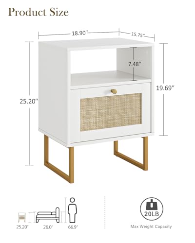 Image of Rattan Nightstand, Mid Century Modern Night Stand,Boho Farmhouse Wood Bedside Table with Storage and Open Shelf, End Side Accent Table for Bedroom,Living Room,White