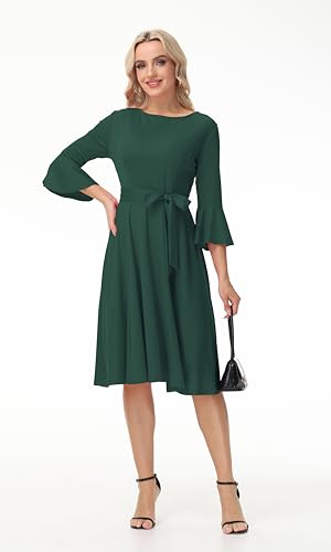 Image of Hostoyo Church Dress for Women Wedding Guest Cocktail Party Dresses Evening Prom Formal Modest Gowns Crew Neck Bell Sleeve