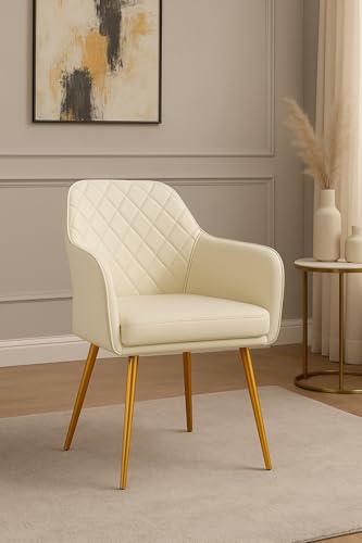 Image of Barfi Velvet Dining Chair | Premium Modern Upholstered Accent Chair with Armrest, Padded Seat and Metal Legs | Comfy Chair for Home, Office & Restaurents (1, Ovary White)