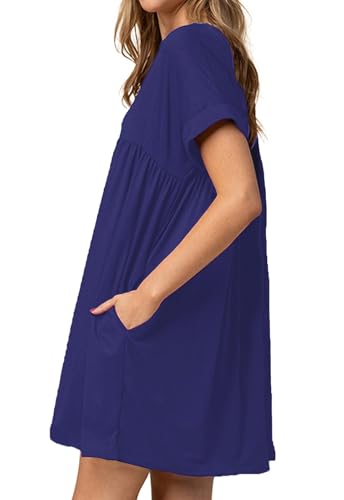 Image of Jayscreate Women's Baby Doll Dress Summer Casual Tunic Pleated Flowy Swing Short Sleeve Black V Neck Mini Dress