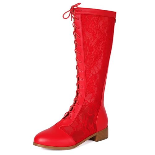 Botas de Moda callejera para Mujer de Malla de Encaje hasta la Rodilla Punta Redonda Cordones Botas de Verano tacón Medio Elegante Calzado Informal Atuendo de Festival,Rojo,42 EU