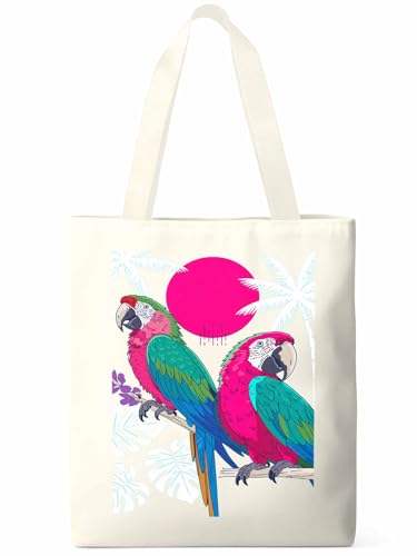 Canvas Tote Bag Summer Parrot Palm Leaves Reusable Grocery Shopping Bag,Shoulder Tote Bags for Women Travel Work Gym