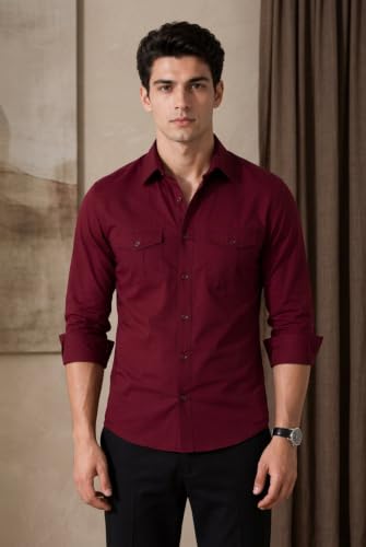Image of Men's Double Flap Pocket | Regular Fit | Solid Spread Collar | Versatile Everyday Office Wear Comfortable |Stylish Design | Shirt