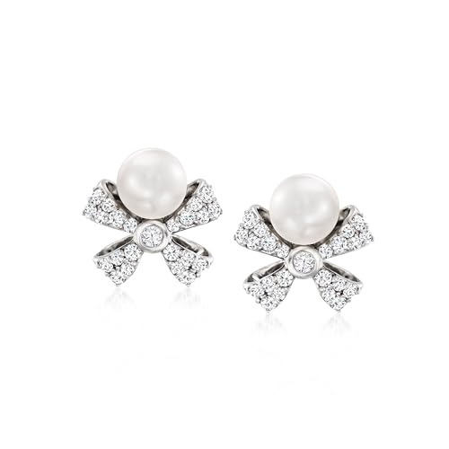 Ross-Simons 5mm Cultured Pearl and .25 ct. t.w. Diamond Bow Earrings in Sterling Silver