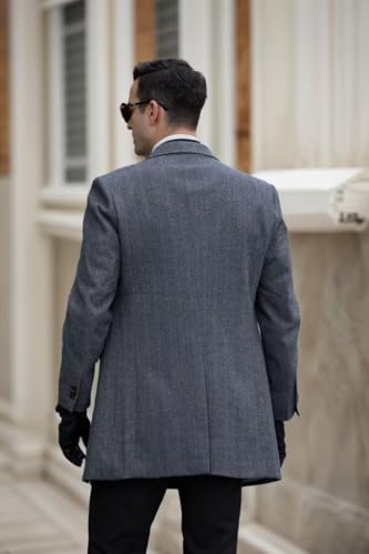 Image of Men's Herringbone Wool Blend Khaki Trench Coat Peaked Collar Long Jacket Overcoat Double Breasted Pea Coat wih Pockets XL