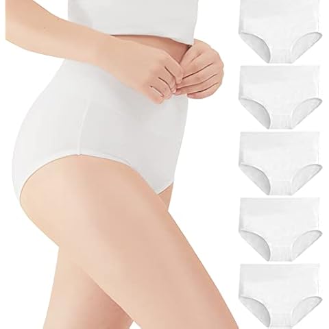 Amazon Brand - HIKARO Bragas Mujer Algodón Pack de 5 Braguitas Cintura Alta Slips Cómodo Tallas Grandes_Blanco_XL Cover