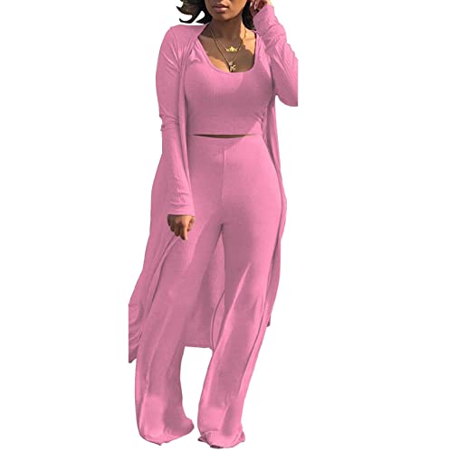 Image of Women's 2 Piece Outfits Set Ribbed Short Sleeve Casual Crop Top Wide Leg Pants Suit Set