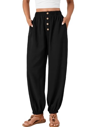 LYANER Women's Casual Elastic High Waist Buttons Decoration Baggy Loose Wide Leg Ankle Pants Black X-Large