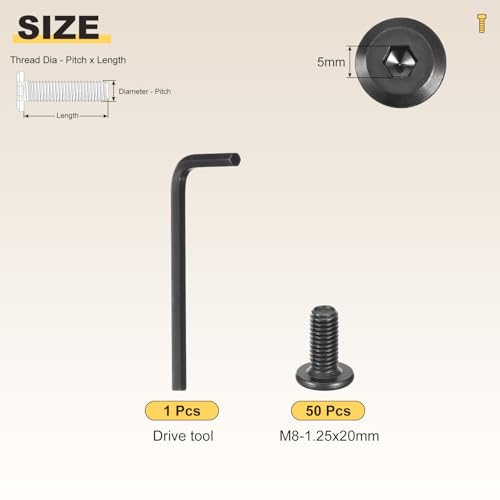 Image of METALLIXITY Flat Head Hex Socket Cap Screws Bolts(M8-1.25x20) 50Pcs, with Wrench Steel Hex Socket Furniture Bolts Screws - for Furniture Woodworking Project, Black