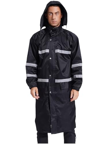Linjinx Men's Raincoat Waterproof Long Rain Jacket Lightweight Rainwear Reflective Strips with Hooded2