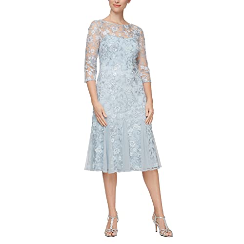 Image of Alex Evenings Womens Tea Length Embroidered Cocktail Dress with Illusion Sleeves, Wedding Guest (Petite and Regular Sizes)