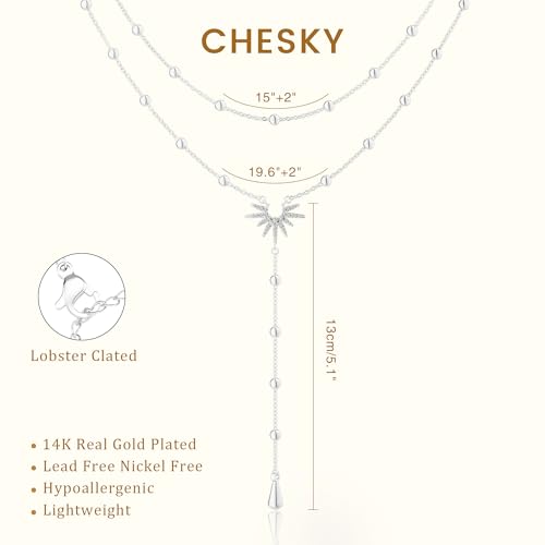 Image of CHESKY Long Necklaces for Women, 14k Gold Plated /Streling Silver Lariat Necklace Dainty Statement Prom Necklace Rosary Cross Sun Drop Pendant Dangle Necklace Gold Prom Jewelry for Women Gifts