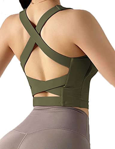 Women's Strappy Sports Bra Criss Cross Back Crop Tank Top Padded Fitness Workout Tops Longline Yoga Bras Army Green #TOP30