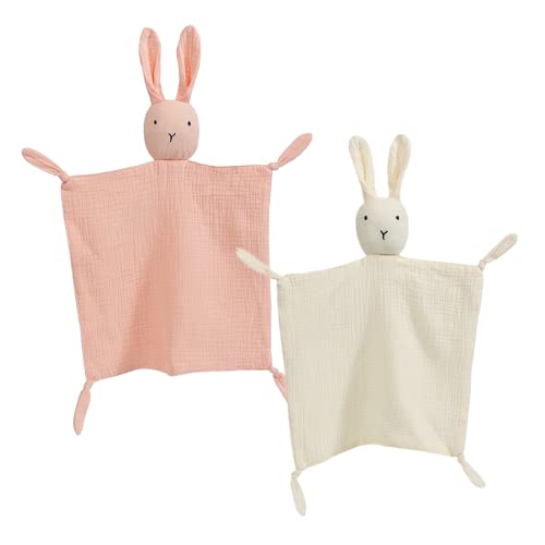 Image of insular Bunny Lovey Blanket for Boys and Girls, Organic Cotton Muslin Security Blanket for Babies, Soft Breathable Lovie Soothing Towel for Newborn and Infant, 2 Pcs Set (Beige&Pink)
