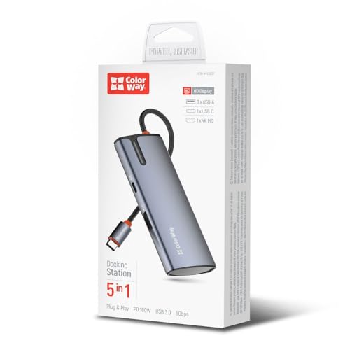 ColorWay Station d'accueil USB-C 5 en 1 - 100 W PD - 3 x USB 3.0 - 4K HDMI - Gris