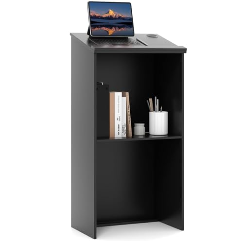SFAREST Lectern Podium Stand, Wooden Stand Up Lecture Table Pulpits with Barrier Stopper, Floor Standing Desk Host Stage Speaking Reading Table for Churches Conference Weddings Classrooms (Black)