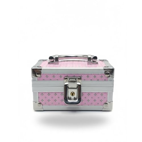 Mini Maleta de Maquiagem e Bijuterias Portátil com Espelho e Chave MDF Reforçado com Liga de Alumínio e PVC, Compacta, com Alça Ergonômica (ROSA BEBÊ)