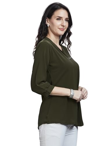 Image of nioni Women's Purple Poly Linen Blend Tunic Top with 3 /4 Sleeves, Printed Yoke, Kantha Stitch Detailing & Mandarin Collar