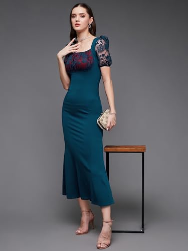 Image of Miss Chase Womens Bodycon Square Puff Sleeve Solid Lace Overlaid Ankle Length Dress
