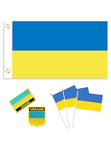 Bandera Ucrania 5*3FT, Bandera de Ucrania Mano Sujetando 0,46*0,68FT 3 uds, Pegatina de Hombro de Ucrania 2 uds Cover