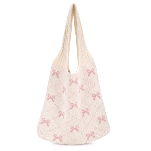 Huiguli Strandtasche für Damen, Häkeltasche für den Sommer mit Rosa Schleife, Gestrickte Umhängetasche für Reisen Einkaufen und Alltag Huiguli Strandtasche für Damen, Häkeltasche für den Sommer mit Rosa Schleife, Gestrickte Umhängetasche für Reisen Einkaufen und Alltag
