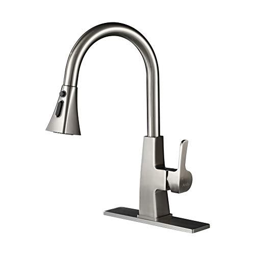 Kitchen Sink Faucet-Arofa A03LY Single Handle Brushed Nickel Stainless Steel gooseneck Kitchen faucets with Pull Down Sprayer