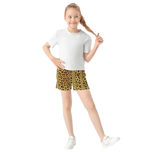 Leopard Print Girls Athletic Lounge Shorts with Gold Border Cute Summer Pajama Sleep Shorts for Teens Kids, X-Small2