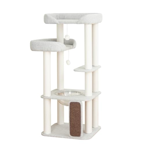 PETTIFUL Wooden Cat Tree Tower for Indoor Cats, Modern Natural Wood Cat Furniture with Cozy Beds, Scratching Post and Clear Hammock for Kittens and Adult Cats (Gray)