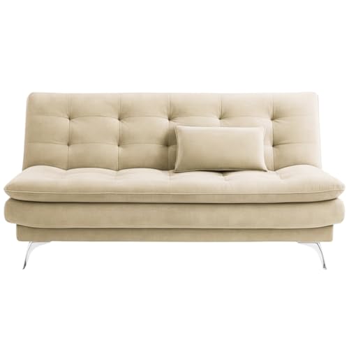 Image of FURNY Eagel 3 Seater Fabric Sofa Cum Bed with 2 Cushions (Cream) with Velvet Fabric | Durable with Comfort | Perfect for Living Room, Bedrooms, Offices