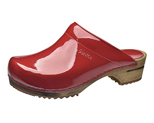 Sanita Classic Patent | Zuecos Abiertos | Producto Artesanal Original para Mujer | Zuecos de Piel con Suela de Madera | Rojo | 39 EU