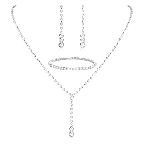 CASSIECA Silver Bridal Jewelry Set Rhinestone Necklace Bracelet Dangle Earrings for Bride Bridesmaid Teardrop Pendant Crystal Wedding Prom Jewelry Accessories for Women Cover