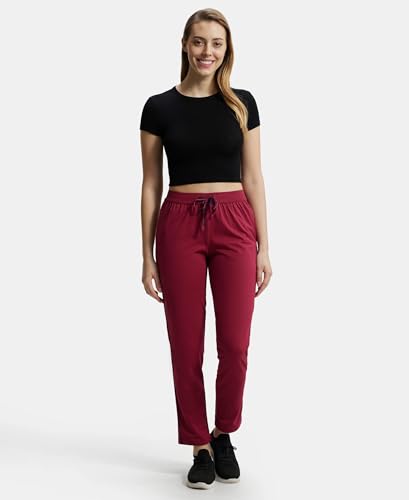 Image of Jockey 1305 Women's Super Combed Cotton Rich Relaxed Fit Mid Rise Trackpants with Contrast Side Piping and Pockets