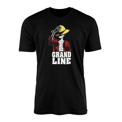 Image of Grand Line T-Shirt Top Tee - One Piece Cartoon Anime Inspired Fan Artwork Monkey Luffy Devil Fruit Rubber King of The Pirates Adult Teen Kids Clothing (Medium, Black Prime)