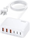 Updated USB C Fast Charger Block, 100W GaN 6 Port PD USB C QC USB A Wall Charger Adapter Plug Cube, Type C Charging Station Hub for iPhone 17 16 15 14 13 Pro Max iPad Samsung Pixel 5ft Extension Cord