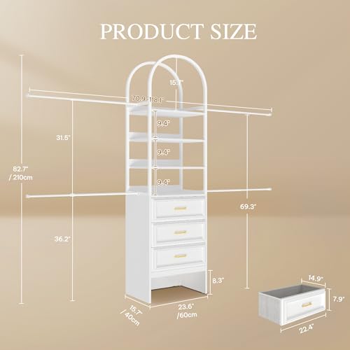 DWVO Closet Organizer System with Drawers, Heavy-Duty Arched Closet System with 4 Expandable Hanger Rods, 4 Shelves and 3 Drawers, Adjustable Walk-In Garment Rack for Bedroom Cloakroom