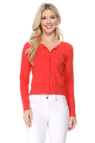 Image of Women's Cropped Cardigan Sweater - Long Sleeve Crewneck Basic Classic Casual Button Down Knit Soft Lightweight Top