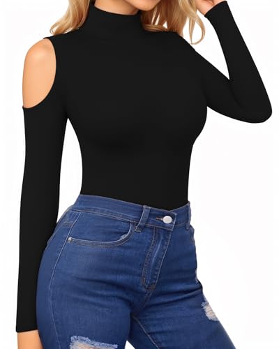HERLOLLYCHIPS Mock Neck Tops for Women Cold Shoulder Long Sleeve Ribbed Knit Tight Stretchy Sexy Dressy Casual T-Shirts2