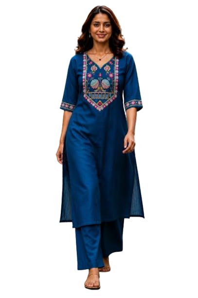 Women's Cotton Embroidered Kurta Palazzo Set | Straight Kurti with Embroidery Work | V-Neck 3/4 Sleeve | Ethnic Kurta Pant Set for Women | Casual, Office-picture-44