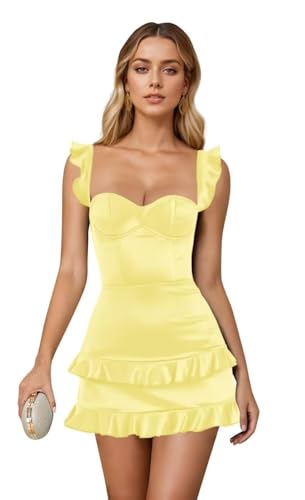 2025 Tiered Ruffles Straps Butter Yellow Homecoming Dresses for Teens Short Satin Plus Size Cocktail Dress Us28w
