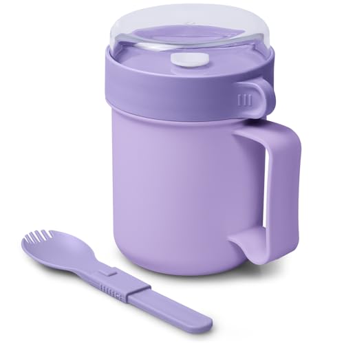 MATICAN Microwave Soup Mug with Lid, Soup Cup Container with Lid for Ramen Noodles, Soup, Beverages, Microwave Safe, Includes Foldable Spork, 17.63 Ounces, Pale Lilac