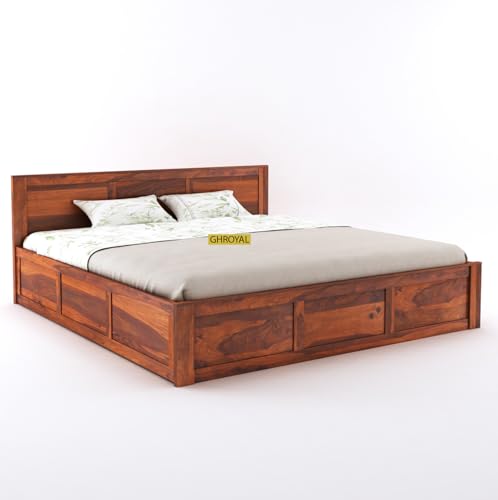 Image of Solid Sheesham Wood King Size Bed with Box Storage for Bedroom Furniture Wooden Palang for Living Room Furniture (Honey Finish)
