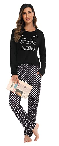 Vlazom Pijama Mujer Invierno Algodon Pijama Mujer Manga Larga de Cuello Redondo (B-Negro,XXL)