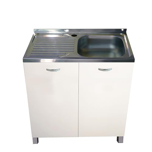 ✅[DESIGN MODERNO] Il lavabo ha la vasca a destra e il gocciolatoio a sinistra. Il lavandino si posiziona sulla superficie del piano di lavoro, creando un aspetto pulito e senza interruzioni tra il lavello e il piano. Il mobile per cucina si adatta perfettamente alle tendenze di arredamento attuali. Maniglie in acciaio cromato lucido e piedini in pvc verniciati in alluminio.