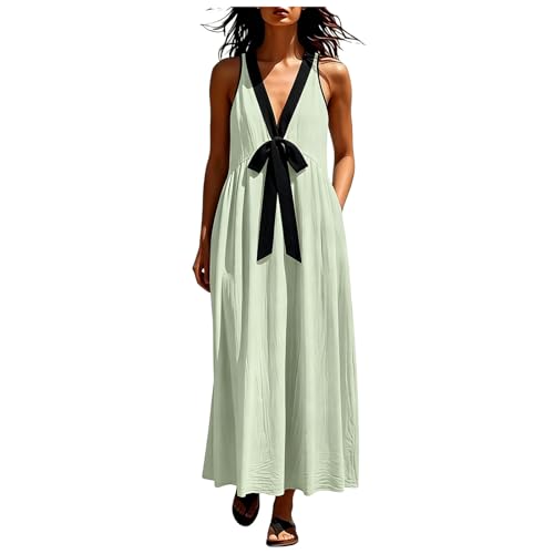 Robe longue d'été femme col en V robe de plage fluide tissu respirant avec poches