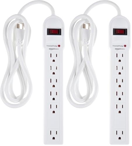 Amazon Basics Surge Protector Power Strip, 6-Outlet, 790 Joules, Circuit Breaker, LED Indicator, 6ft Extension Cord, White (Pack of 2)
