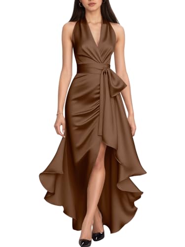 Satin High Low Casual Dresses for Teens A-Line Halter 2025Tie Waist V-Neck Pleated Cocktail Gown Rust Red 12 JA0318