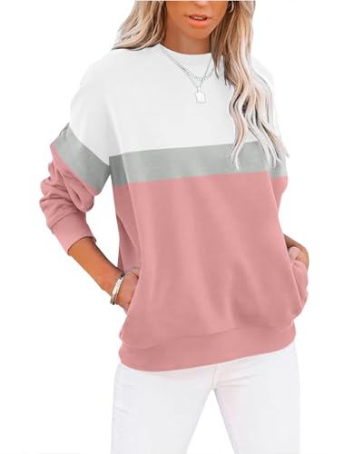 Cuptacc Sudadera Mujer sin Capucha Camiseta Mujer Cuello Redondo Manga Larga con Bolsillos T Shirt Mujer, Rosa, S