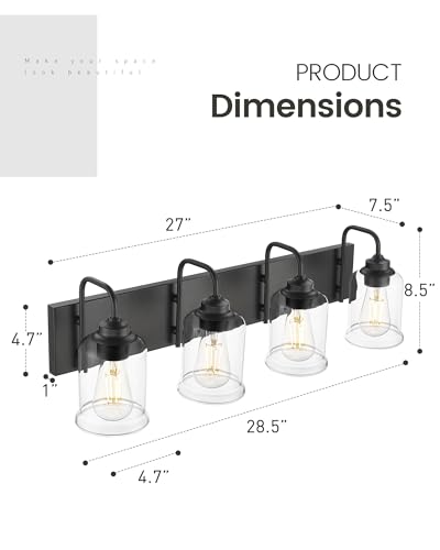 Image of zeyu Modern Bathroom Light Fixtures, 4 Light Vanity Lighting, 28.5 inch Bathroom Mirror Wall Light, Matte Black Finish with Clear Glass Shade, ZSL72B-4W BK