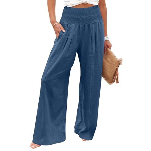 Teacher Pants for Women Trendy Wide Leg Linen Pants High Waisted Boho Flowy Casual Outfits Elastic Lounge Trousers2